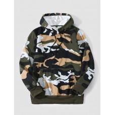 Men Camo Print Kangaroo Pocket Bodycorn Hem Casual Hooded Sweatshirt