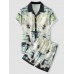 Mens Crane Landscape Print Contrast Trim Holiday Two Pieces Outfits