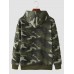 Men Camo Print Zipper Drawstring Bodycorn Hem Casual Hooded Sweatshirt