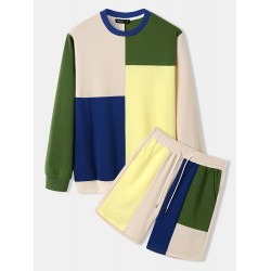 Mens Color Block Patchwork Crew Neck Sweatshirt Loose Two Pieces Outfits