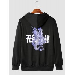 Men Dragon Print Chinese Kangaroo Pocket Casual Hooded Sweatshirt