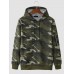 Men Camo Print Zipper Drawstring Bodycorn Hem Casual Hooded Sweatshirt