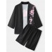 Mens Cherry Blossoms Letter Print Kimono Loose Two Pieces Outfits