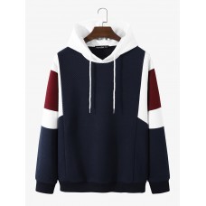 Men Texture Colorblock Stitching Loose Casual Drawstring Hoodies